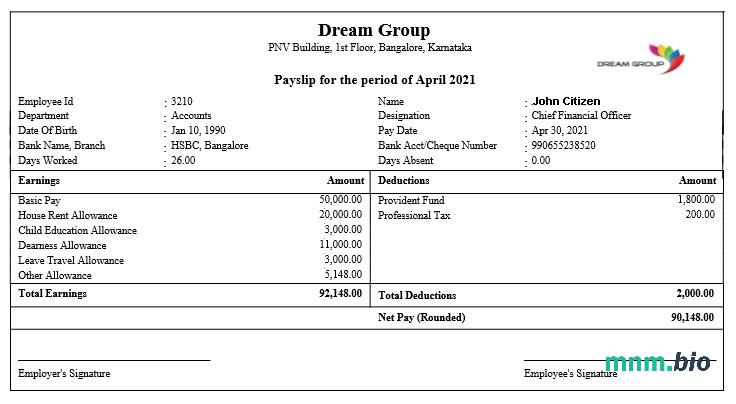 Odcinek wypłaty Indie DREAM group w formatach Word i PDF
